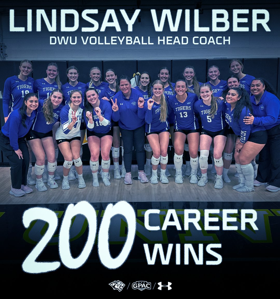 dwusports's tweet photo. Tonight's sweep over Dordt secures @DWUVolleyball head coach Lindsay Wilber her 2⃣0⃣0⃣th career win!

A HUGE milestone as the volleyball team heads into postseason play! 📈

#RollTige🐯 | #BuiltToBattle❗️ https://t.co/6yl1aBZEpC