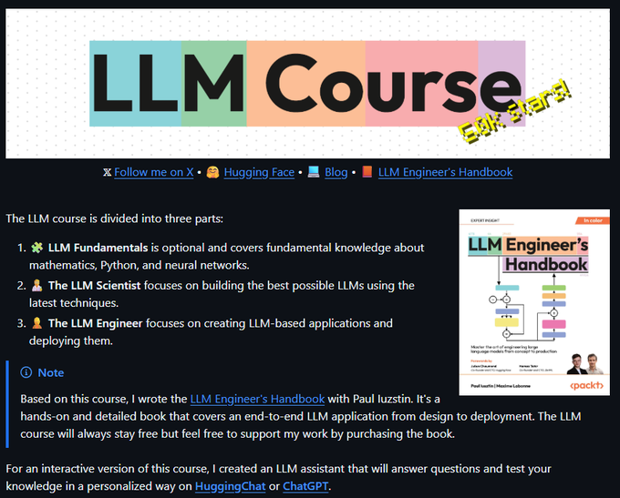 victor_explore's tweet image. Best LLM Course (with 58.8k stars) to learn everything from building your first language model to deploying production-ready AI applications Link in comment  Perfect roadmap whether you&apos;re a beginner or looking to master advanced LLM techniques