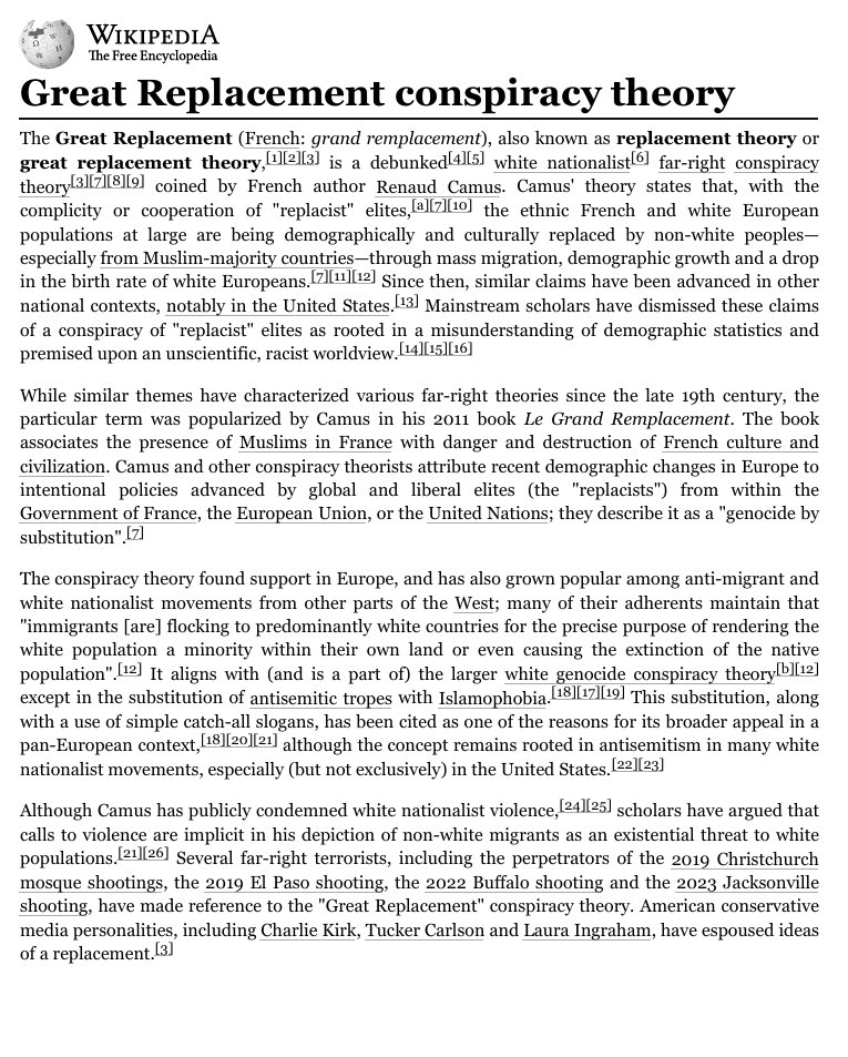 MarioNawfal's tweet image. 🚨 GROK VS WIKIPEDIA: “GREAT REPLACEMENT THEORY”

Wikipedia: Frames the Great Replacement as a right-wing conspiracy theory popularized by French writer Renaud Camus, claiming elites are orchestrating mass immigration to replace native European populations — and stresses its link…
