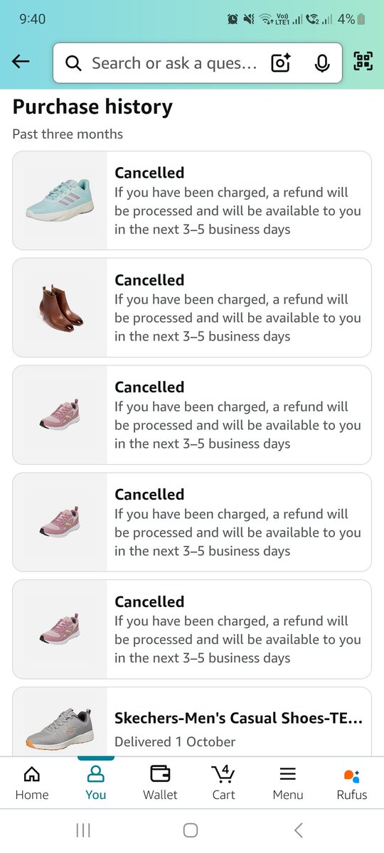 authorjating's tweet photo. @amazonIN has been playing games with me — they send notifications, I place the order, &amp; they cancel it. I’ve reached out to CS team 5 times in 6 months; they admit it’s a technical issue on their end but still haven’t fixed it. My order history FYI (see image)

Pissed

@amazon https://t.co/ijkVoSoZGc