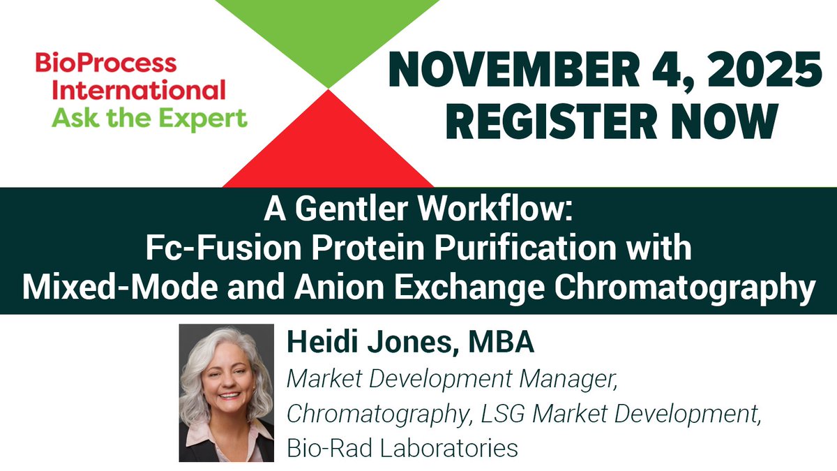 BioProcessIntl's tweet image. Please join us for a #BPIAskTheExpert on "A Gentler Workflow: Fc-Fusion Protein Purification with Mixed-Mode and Anion Exchange Chromatography."
Date: Thurs. Nov. 4th at 11AM ET.
Feat: Heidi Jones, MBA, @BioRad Laboratories
Register Now:
spr.ly/6017A7Iob