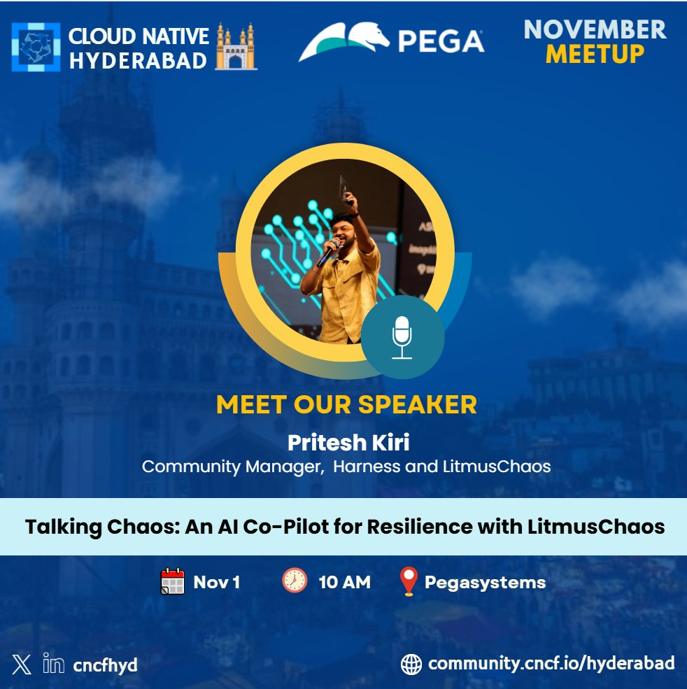 cncfhyd's tweet image. Speaker Spotlight: @PriteshKiri  Community Manager 
He&apos;ll speak on
Talking Chaos: An AI Co-Pilot for Resilience with LitmusChaos
Join us on 
📅 Nov 1, 2025
🕙 10:00 AM – 1:30 PM IST
📍 Pegasystems, Madhapur

@CloudNativeFdn 
#CNCF #hyderabad #meetup