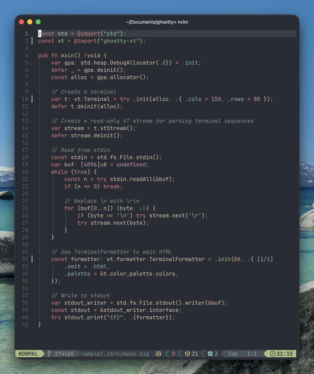 mitchellh's tweet image. libghostty can now encode terminal contents as HTML. On the left is an example program that reads stdin, loads it in a terminal, and encodes to HTML. On the right, an example of `fastfetch` encoded to the browser. Coming soon to Ghostty clipboard ops automatically.