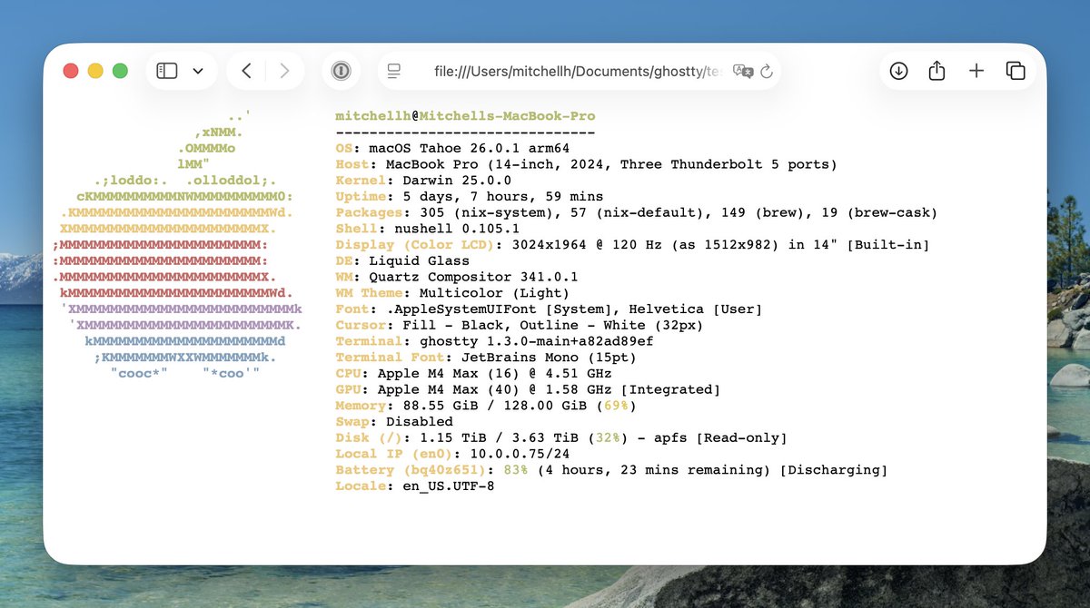mitchellh's tweet image. libghostty can now encode terminal contents as HTML. On the left is an example program that reads stdin, loads it in a terminal, and encodes to HTML. On the right, an example of `fastfetch` encoded to the browser. Coming soon to Ghostty clipboard ops automatically.
