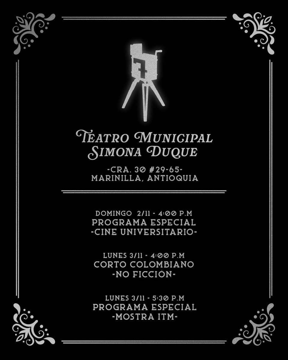 filcmar_'s tweet photo. PROGRAMACIÓN POR ESPACIOS: Teatro Municipal Simona Duque. 🏠

📍El séptimo Festival de Cine de Marinilla es un evento cinematográfico apoyado por la Alcaldía de Marinilla @mmarinilla @culturamarinilla y por @Comfama https://t.co/LjaSnHQbyH