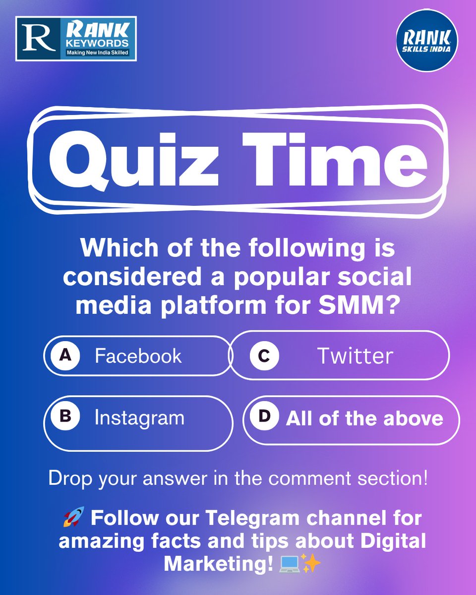 rank_group96838's tweet image. 🎯 Digital Marketing Quiz Time!
Think you know your marketing basics? Let’s find out 👇
Drop your answer in the comments and see who’s the real pro! 🏆

📢 Join our Telegram Channel!
Get daily amazing facts, tips, and updates about Digital Marketing 🚀
#RankKeywords #QuizTime