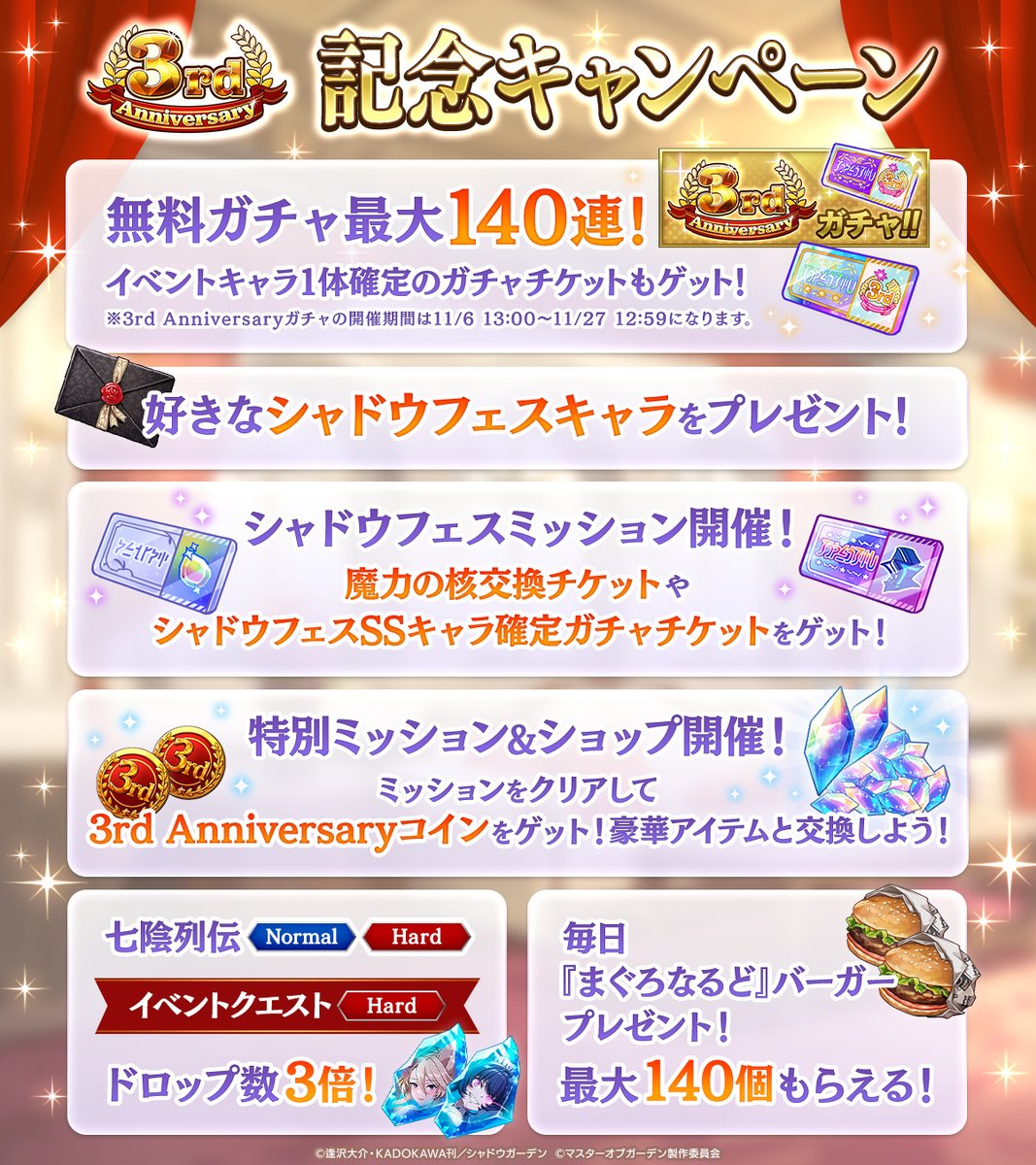 3周年記念キャンペーン開催！】 10/30(木)13:00より、【3rd Anniversary】記念キャンペーンを開催中です！ 3周年を記念して、特別ログインボーナスや豪華アイテムがもらえるミッションを開催中！  ぜひこの機会に #カゲマス をプレイしてください！ #陰の実力者