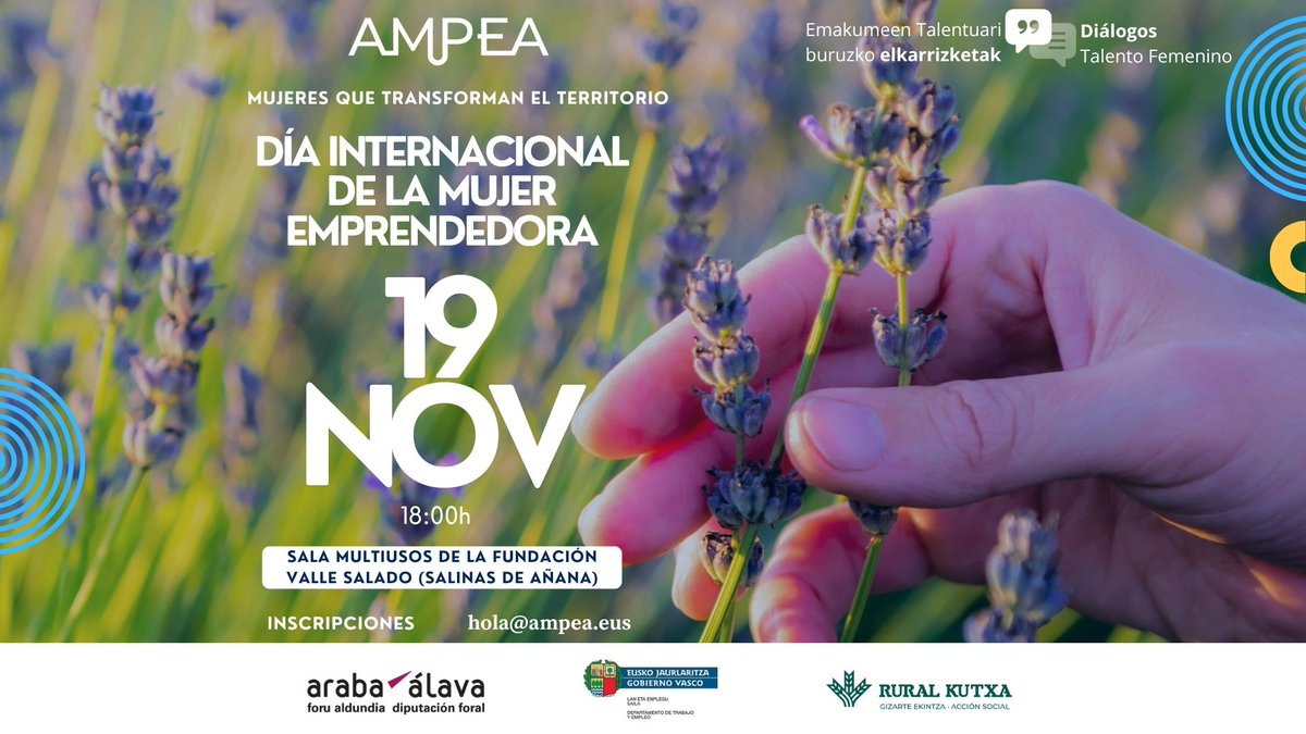 🌾#DíaDeLaMujerEmprendedora
💬 Mujeres que transforman el territorio
 📅 19 nov | 🕕 18:00 | 📍 Salinas de Añana
 🎟️ Entrada gratuita
Con Maider Unda, Arantza Ortiz, Nerea Garayo y Beatriz Pascual 💚
 👉 Inscríbete: forms.gle/HM6vUXu5zhV73w…
 #RuralSostenible #MujeresQueInspiran