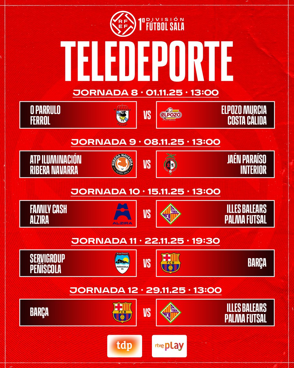 FutSalRFEF's tweet photo. 📺 𝗣𝗮𝗿𝘁𝗶𝗱𝗼𝘀 𝗧𝗘𝗟𝗘𝗩𝗜𝗦𝗔𝗗𝗢𝗦 𝗲𝗻 @teledeporte y @rtveplay 𝗲𝗻 𝗻𝗼𝘃𝗶𝗲𝗺𝗯𝗿𝗲.

5️⃣ encuentros para disfrutar del espectáculo de la #PrimeraDivisiónFS a lo largo de este mes.

👀 Arrancamos este sábado, 1 de noviembre, a las 13h, con el @oparrulofs 🆚 @ElPozoMurcia_FS.

🗞️ Noticia ➡️ https://t.co/KPPc3zpFR4 📌

🖊️ ¡Saca boli y papel para no perder detalle!

#FutsalRFEF