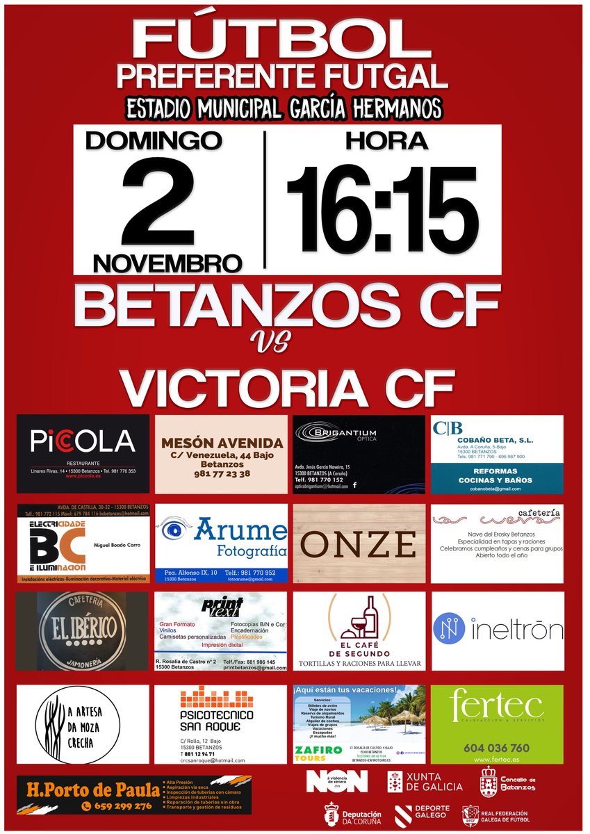 💪🏽 Xornada 9
🆚 <a href="/VictoriaCF1943/">Victoria Club Fútbol ⚽🦓</a> 
📤 Socios: entrada de balde presentando o carnet na entrada
🎫 Público: entrada única 10€