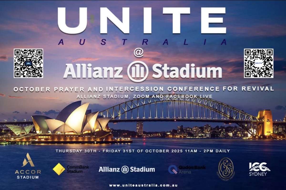 guyjstein's tweet photo. CALLING THE BODY OF CHRIST TO UNITE TO TAKE SYDNEY FOR JESUS THROUGH PRAYER AND INTERCESSION

UNITE AUSTRALIA OCTOBER PRAYER AND INTERCESSION CONFERENCE FOR REVIVAL AT ALLIANZ STADIUM 

When: 
Thursday the 30th to Friday the 31st of October

Time:
11am - 2pm daily 

Address: 
Allianz Stadium. 
40/44 Driver Ave Moore Park. NSW. 2021

Entry:
Gate 8. Jack Brabham Room. Gates will be opened at 10:30am

Admittance:
Free daily

Parking:
Wilson Parking - Lang Road, Moore Park. NSW. 2021. 
Phone: 1800727546
Web: https://t.co/ACL3ZVw9nO

Hourly rate 
0.0-2.0hrs $0.00
2.0-3.0hrs $10.00
3.0-4.0hrs $12.00

Casual parking is available for 2hrs (free), $12 for 4hrs and up to a maximum of $30 per day at the Car Park.

ZOOM AND FACEBOOK LIVE! 

FACEBOOK LIVE: 
Richard Pace
Light of the World Ministries Church

ZOOM 
MEETING ID: 7852775560
PASSCODE: 7rWgPA

#uniteaustralia25 #thursdaythe30thtofridaythe31stofoctober  #uniteaustraliaprayerandintercessionconferenceforrevival #allianzstadium #JesusSaves #JesusHeals #ItsAllAboutJesus #healingevangelist #ThankyouJesus #healedsealedsaveddelivered #healedsealedsavedtransformedempowered #faith #christian #motivation #empowerment