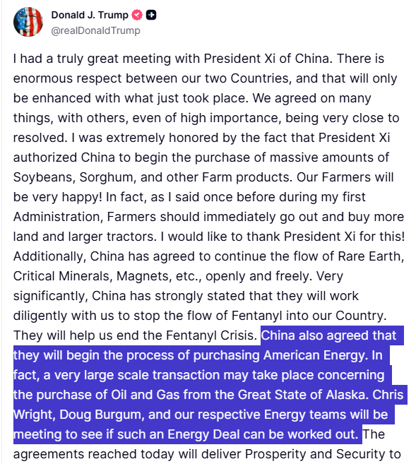 SStapczynski's tweet image. Trump says China agreed to buy more American energy
🇺🇸🤝🇨🇳

This would be a big turnaround, as China basically halted US oil/gas imports. China last imported US crude in May and LNG in February

(Trump hinted that China may consider buying from the long delayed Alaska LNG plant)
