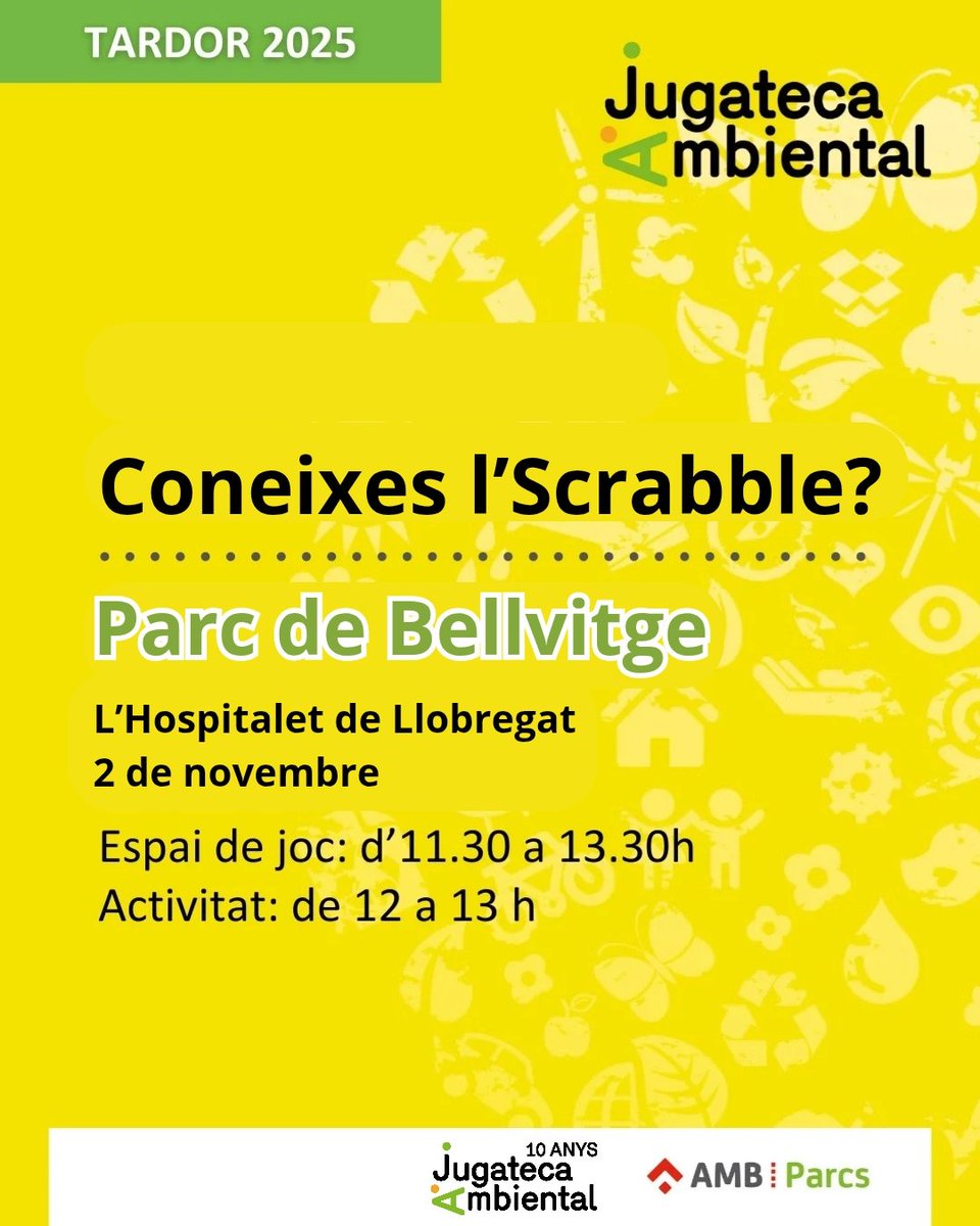 lhescarrascat's tweet photo. Aquest diumenge farem una petita activitat familiar al Parc de Bellvitge,  de 12 a 13 h, especialment dedicada als nens i joves. També hi haurà un taller ambiental. Us hi esperem! 🤗
#scrabble #català #jugateca #Bellvitge #lh #LHospitalet https://t.co/3CXvQoBlgD