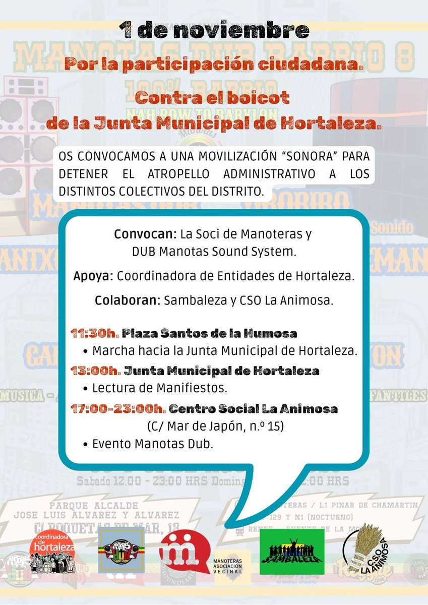 soci_manoteras's tweet photo. 📢Os recordamos
📆Sábado 1 de noviembre
🟣Marcha Sonora
⏰️11:30h
📍#PzaStosHumosa👣🥁👉🏾 #JMDHortaleza
🟢Evento FestivoReivindicativo
⏰️17:00👉🏾23:00h
📍#CSOLaAnimosa
‼️Por la Participación Ciudadana
Contra el boicot sistemático de @JMDH‼️
‼️Que las multas no paren la Cultura‼️ https://t.co/0TpbnVrS9T