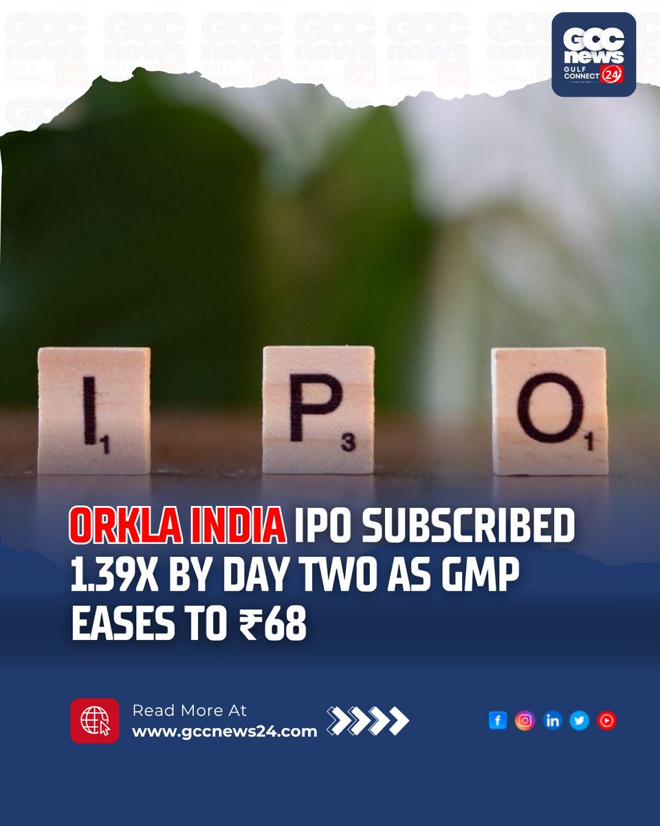 gccn24's tweet image. Orkla India IPO subscribed 1.39x on Day 2 with strong retail interest;  GMP dips to ₹68. 
.
Read more: gccnews24.com/orkla-india-ip… 
.
#OrklaIndia #IPO #Subscription #IndianStocks
