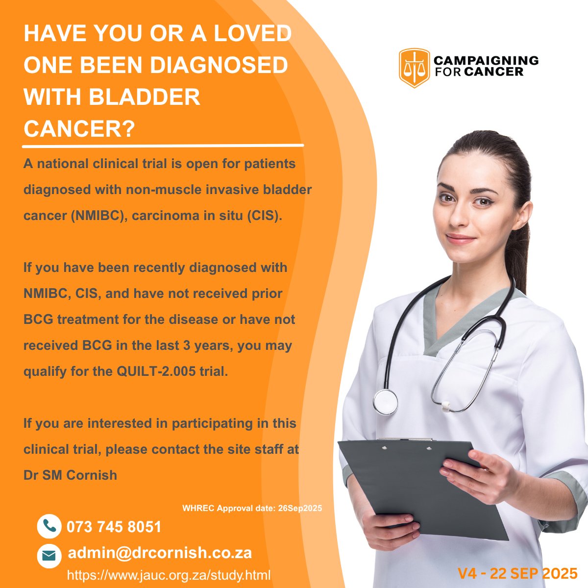 campaign4cancer's tweet image. You never know who needs this info today. Bladder cancer patients across SA can now access new treatment research.

Please share this post your RT could connect someone to life-changing help.

#CancerAwareness #ClinicalTrials #ShareToHelp #campaign4cancer #c4c