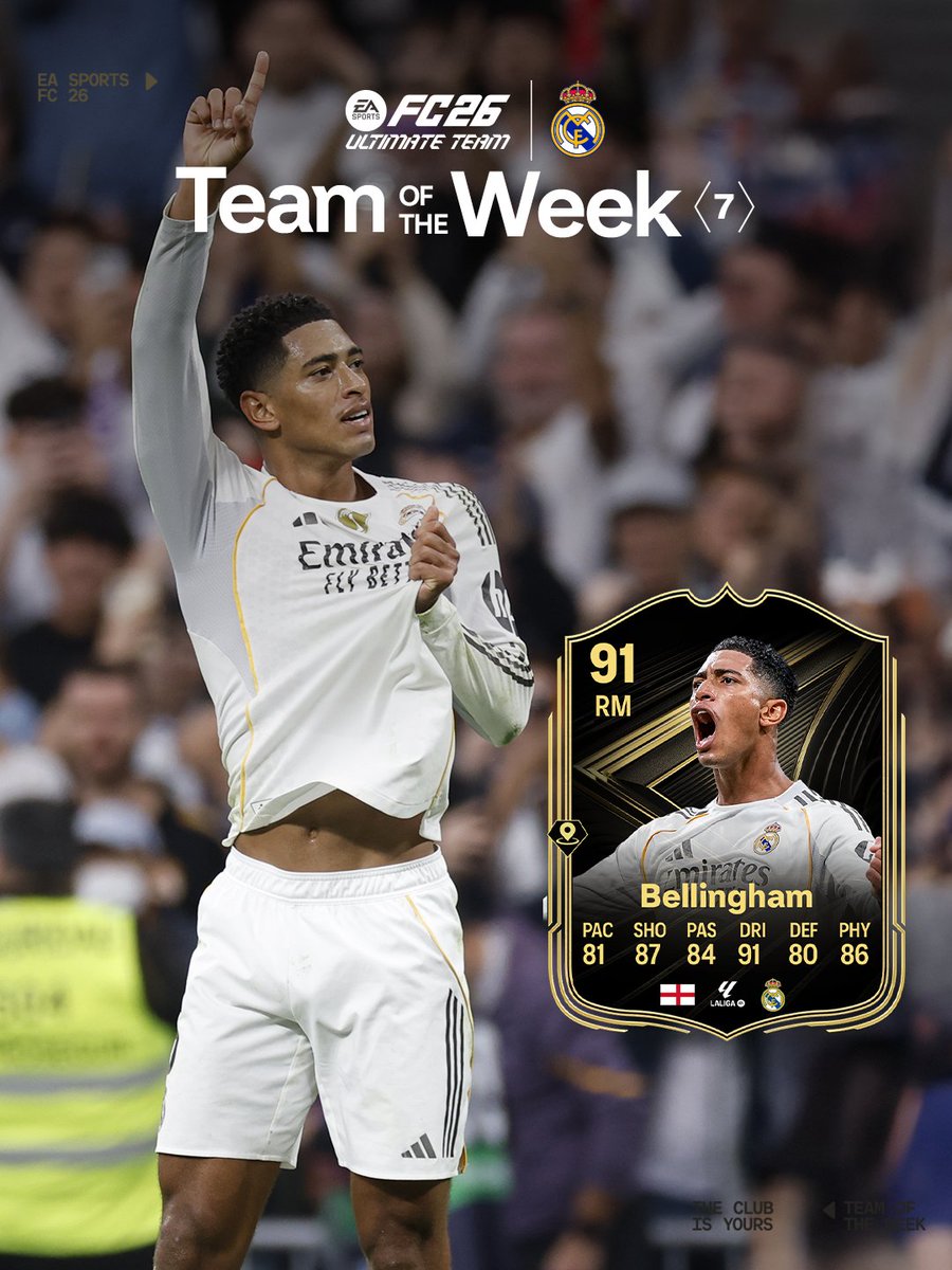 ☝️Partidazo, gol y asistencia   
🔥 ¡<a href="/BellinghamJude/">Jude Bellingham</a> entra en el Equipo de la Semana de Ultimate Team del FC26! 
🎮 <a href="/EASPORTSFC/">EA SPORTS FC</a>