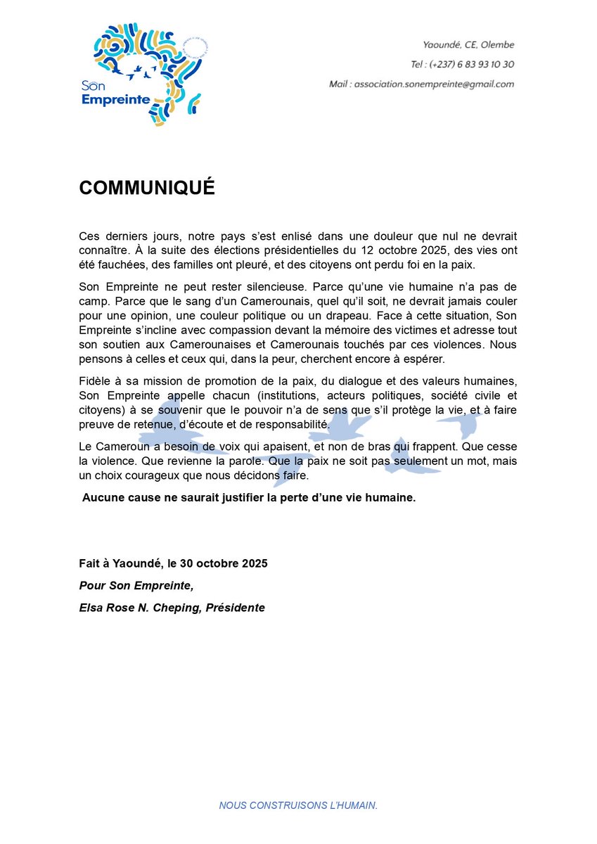🕊️ La paix est un choix. Un devoir. Une responsabilité commune.

Nous croyons que le #Cameroun a besoin d’écoute plus que de cris, de dialogue plus que de divisions, d’humanité plus que de haine.

➡️ Lisez notre communiqué complet ci-dessous.

#Paix #Dialogue #SonEmpreinte