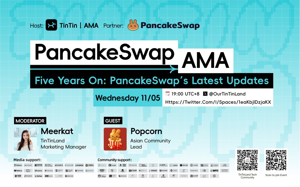 🎙️ Ask Questions &amp; Share 100 USDT Prize Pool! 💰

🍰 Join us on November 5th for #TinTinAMA as <a href="/OurTinTinLand/">TinTinLand</a> sits down with <a href="/PancakeSwap/">PancakeSwap</a> to discuss “Five Years On: PancakeSwap's Latest Updates”!

🔥 As one of the most iconic #DeFi protocols on BNB Chain, PancakeSwap is entering