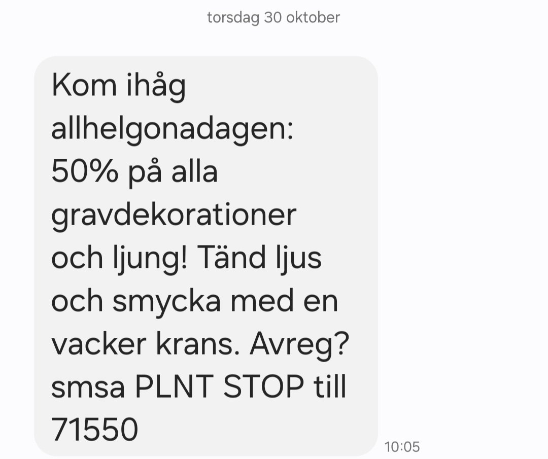 OperaJonatan's tweet image. Mest troligt är att Plantagens marknadsavdelning inte har koll på dagarna, men det vore intressant om de försökte flytta svenskarnas kyrkogårdsbesök till den katolska Allhelgonadagen, i stället för det svenskkyrkliga bruket med lördagen vid månadsskiftet (som i år sammanfaller).