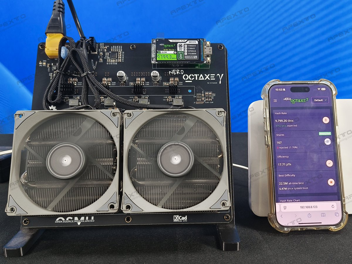 🚀 Meet the Bitaxe NerdOCTaxe – a powerful Bitcoin solo miner!

⚡ 9.6 TH/s hashrate @ just 160W
🏠 Compact, quiet, and easy to set up – perfect for home or small-scale mining.

🔗 Product link: apextomining.com/product/bitaxe…
🌐 Official website: apextomining.com