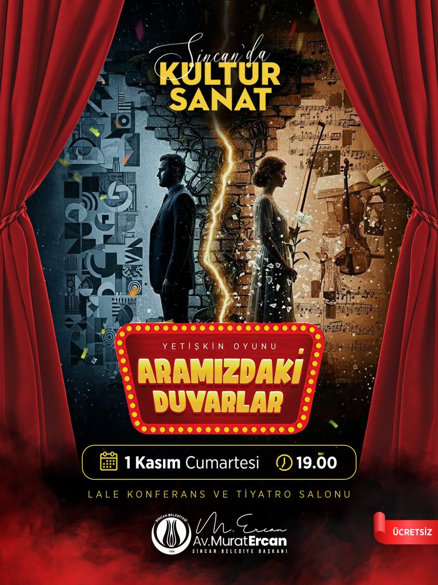 Sincan’da tiyatro sahnesi bu kez duyguların diliyle buluşuyor 🎭

1 Kasım Cumartesi günü sahnelenecek “Aramızdaki Duvarlar” adlı yetişkin oyunumuza tüm tiyatrosever hemşehrilerimiz davetlidir. 

📍 Lale Konferans ve Tiyatro Salonu
⏰ 19.00
🎟️ Ücretsiz