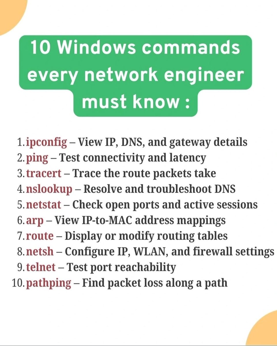 mnd_tech's tweet image. 💻 10 Windows Commands Every Network Engineer Should Know ⚡
💡 Stay connected. Stay ahead.
With MND Tech — where technology meets expertise! ⚙️
#MNDTech #NetworkEngineering #TechTips #ITSupport #Networking #WindowsCommands #TechKnowledge   #CyberInfrastructure 
+91-9304454694