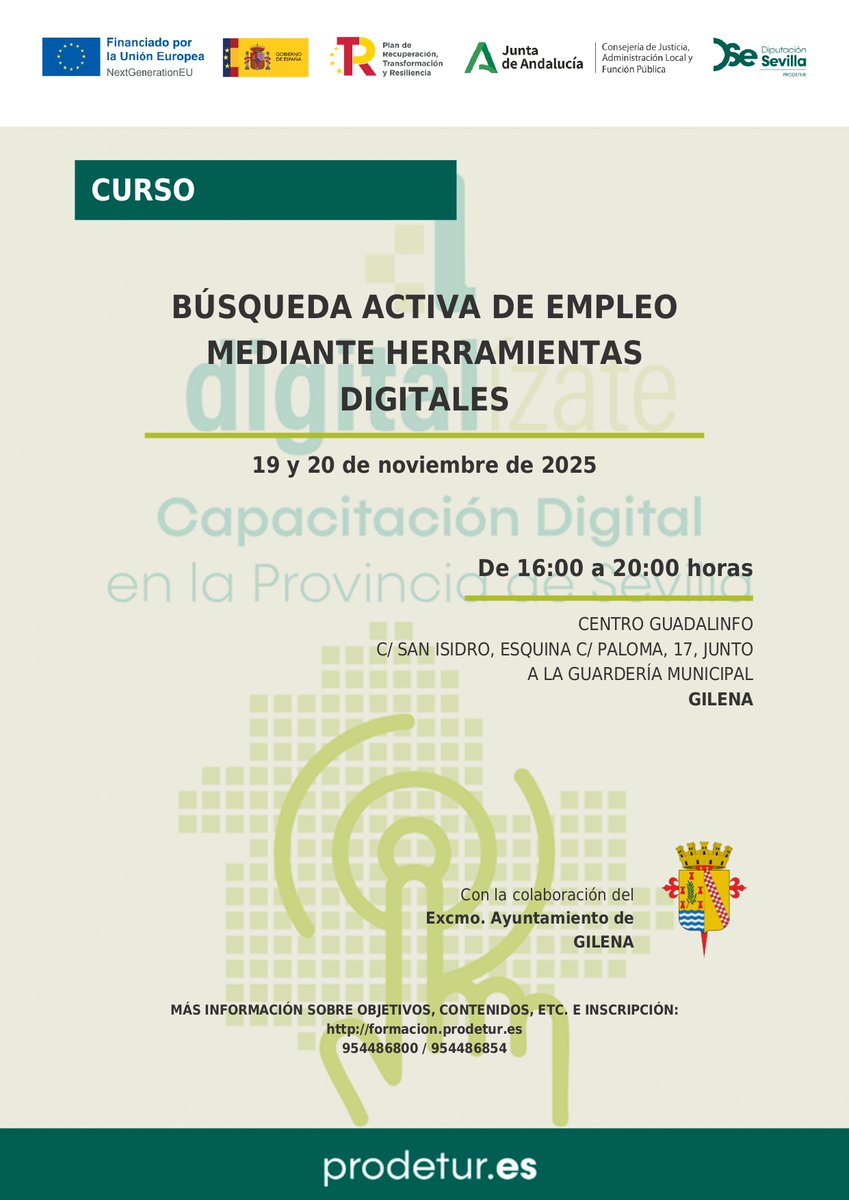 💼 Curso: Búsqueda activa de empleo mediante herramientas digitales
Descubre cómo mejorar tu empleabilidad aprendiendo a usar portales de empleo, redes profesionales y recursos digitales de búsqueda laboral.
📍 Centro Guadalinfo 
🗓️ 19 y 20 de noviembre de 16 a 20 h
#digitalízate