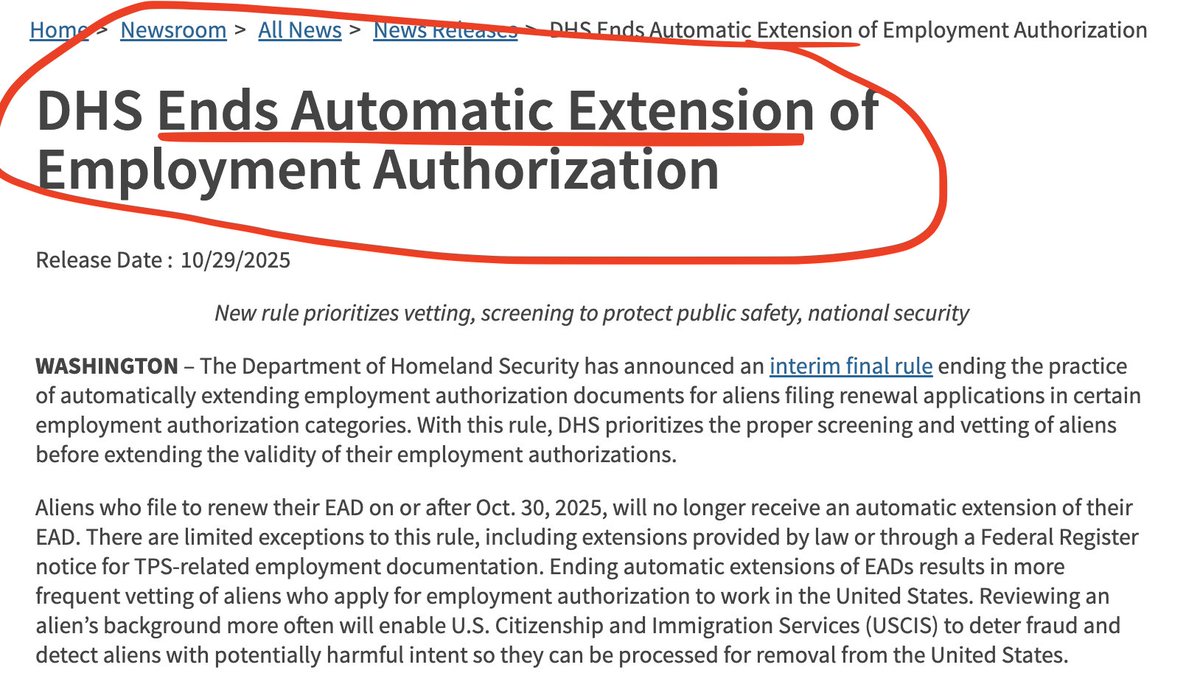 FINALLY!

DHS just changed the rules around automatic work‑permit extensions.

The 540-day auto-extension safety net? Gone - unless you file early and qualify.

No permit = No work.

This affects EAD‑holders (H‑4 spouses of H‑1B workers, L‑2s, TPS, etc.) - not H‑1Bs directly, but