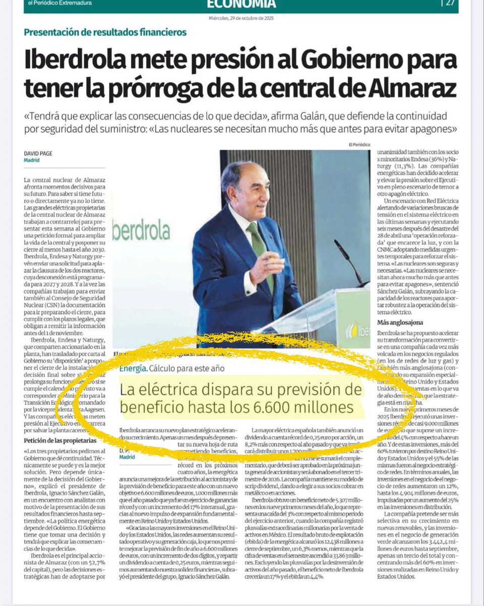 MejiasTapia's tweet photo. Iberdrola va a solicitar hoy la prórroga de Almaraz.

Las empresa, con beneficios de 6.600 millones al año ha esperado al último día solo para presionar.

Y la solución de Guardiola: regalar 45 millones de los impuestos de todos los extremeños. ¿Así defiende Extremadura?

El 21 de diciembre, quien decide eres tú.