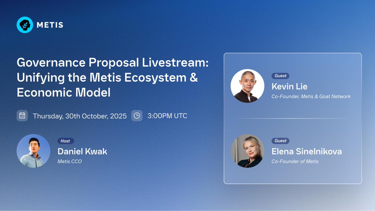 MetisL2's tweet photo. ▶️ Join today’s Livestream at 3pm UTC on the next phase of ReGenesis.

With Metis Decentralization Coordinator @ElenaCryptoChic and Metis Co-Founder & @goatnetwork Core Contributor @kevinliu. 

Hosted by Metis CCO & @LazAINetwork Head of Marketing @DMSKwak.

▶️ https://t.co/uwOA5YwzXG
