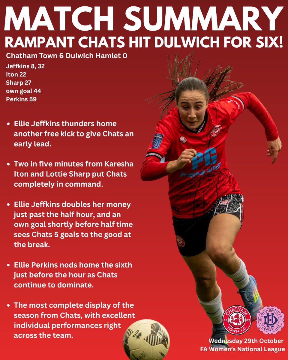 Match summary of Wednesday’s big win over Dulwich Hamlet
🔴⚪️⚫️
#upthechats
#inthistogether