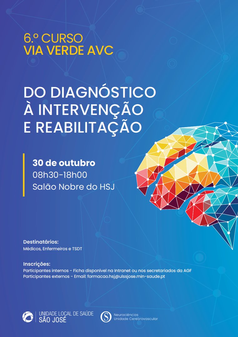 SPAVC_pt's tweet image. A UCV da ULS São José celebra hoje o Dia Mundial do AVC com a realização do 6.º Curso Via Verde AVC, subordinado ao tema “Do diagnóstico à intervenção e reabilitação”. 🎓
​
A formação destina-se a médicos, enfermeiros e TSDT. ℹ️

#SPAVC #DiaMundialAVC