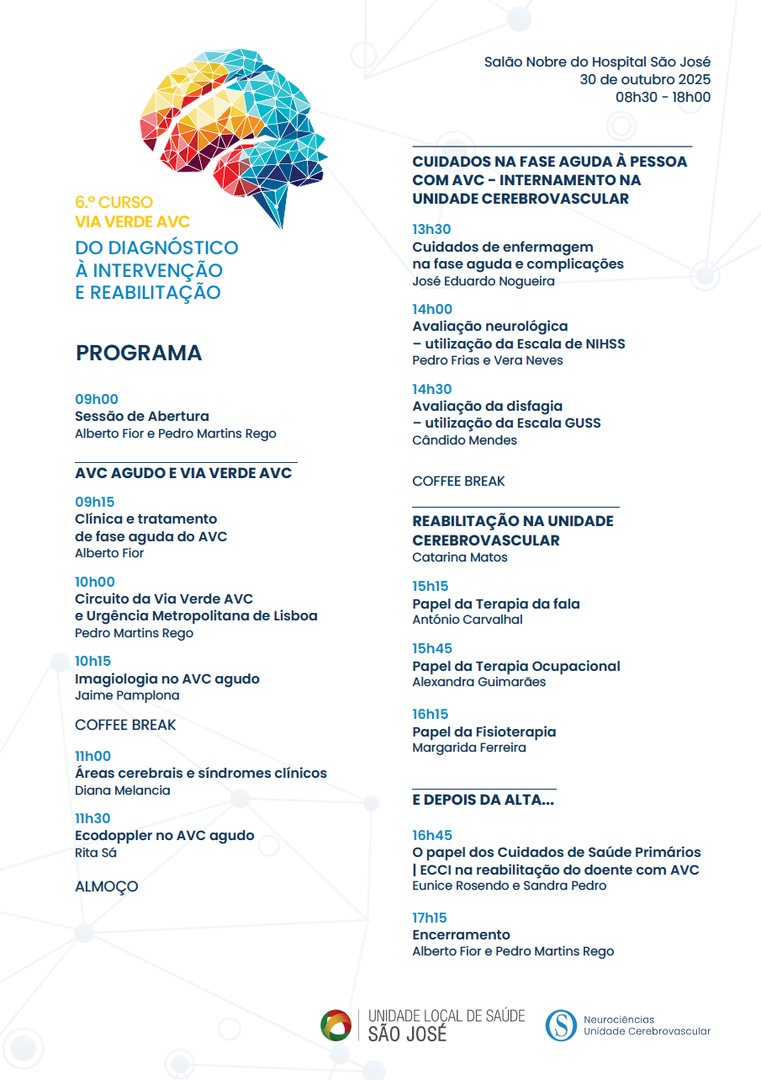 SPAVC_pt's tweet image. A UCV da ULS São José celebra hoje o Dia Mundial do AVC com a realização do 6.º Curso Via Verde AVC, subordinado ao tema “Do diagnóstico à intervenção e reabilitação”. 🎓
​
A formação destina-se a médicos, enfermeiros e TSDT. ℹ️

#SPAVC #DiaMundialAVC