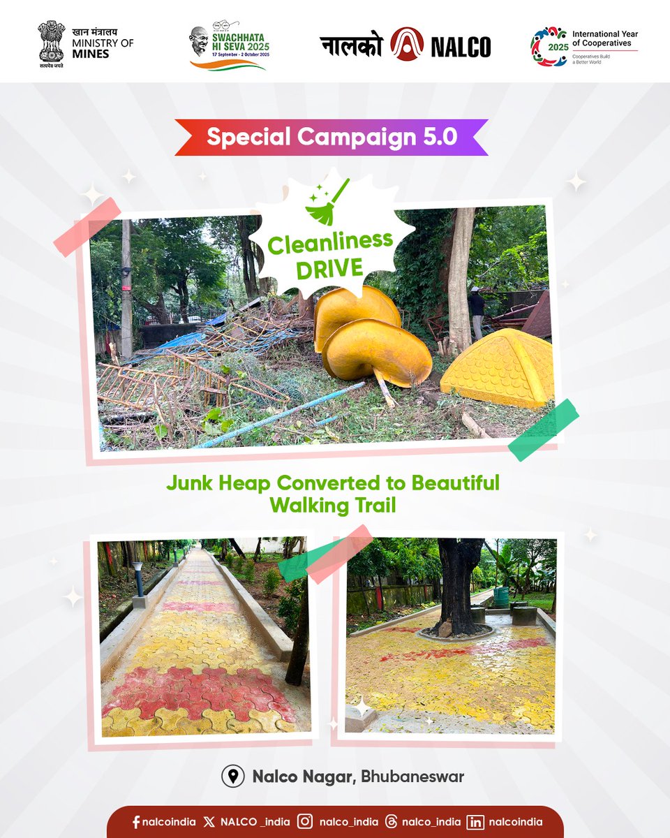 NALCO_India's tweet photo. Transforming spaces, empowering change! Under #SpecialCampaign5_0, we’re driving #Cleanliness, #Efficiency & #Sustainability - from creating clutter-free workstations to turning junk heaps into walking trails. Every #initiative count towards a #Productive & #Responsible workplace.

@kishanreddybjp  @satishdubeyy @MinesMinIndia @mygovindia @DARPG_GoI @DPE_GoI  

#Swachhotsav #MinesParivaar #CleanIndia #SanitationAwareness