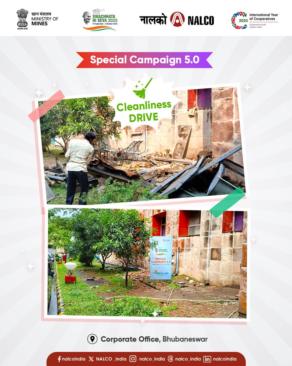 NALCO_India's tweet photo. Transforming spaces, empowering change! Under #SpecialCampaign5_0, we’re driving #Cleanliness, #Efficiency & #Sustainability - from creating clutter-free workstations to turning junk heaps into walking trails. Every #initiative count towards a #Productive & #Responsible workplace.

@kishanreddybjp  @satishdubeyy @MinesMinIndia @mygovindia @DARPG_GoI @DPE_GoI  

#Swachhotsav #MinesParivaar #CleanIndia #SanitationAwareness