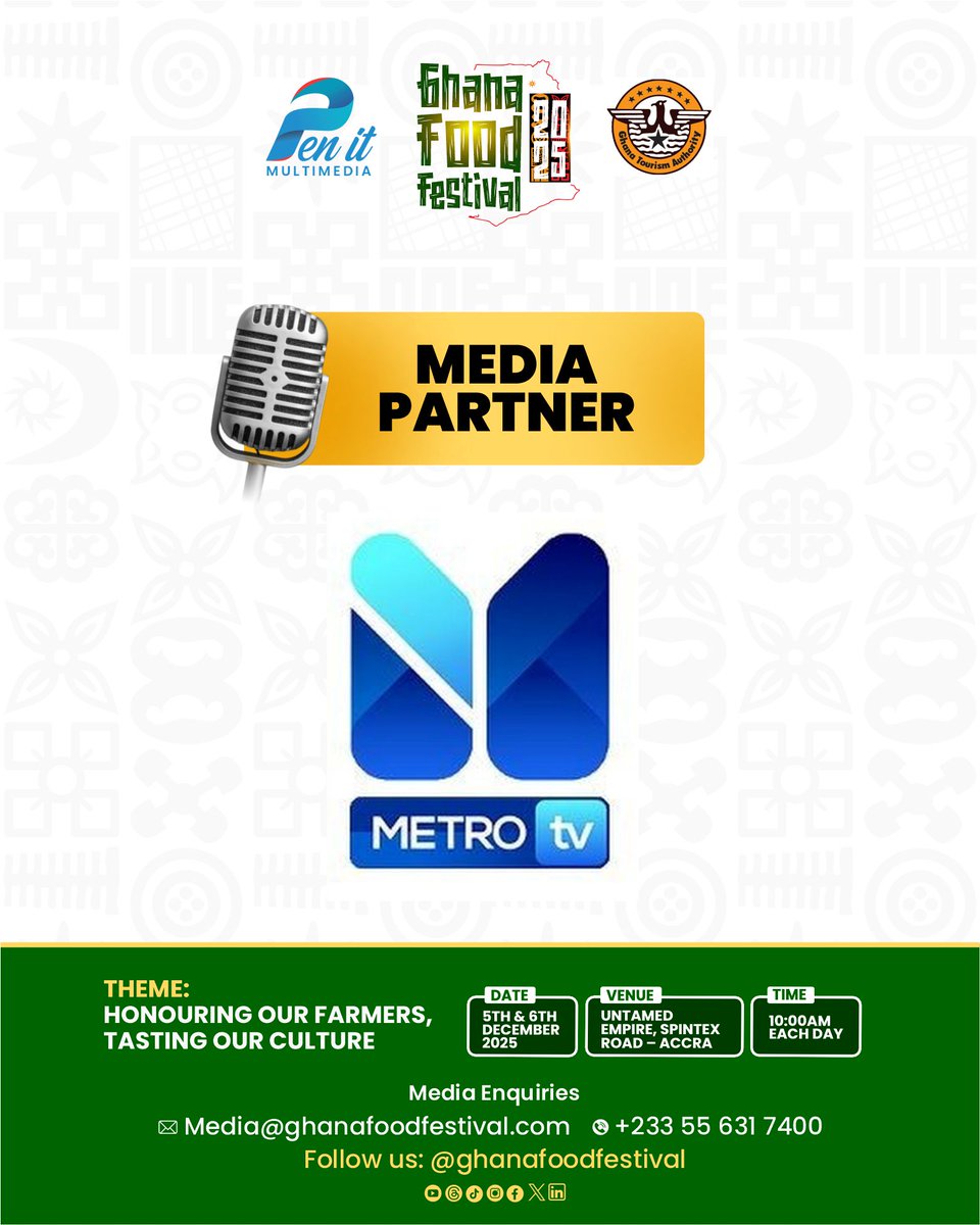 We’re thrilled to welcome Metro TV on board as an Official Media Partner for the Ghana Food Festival 2025! 🇬🇭

Stay tuned for exciting features, interviews, and behind-the-scenes moments brought to you by Metro TV, as we honour our farmers and taste our culture! 🌾🍲

#Ghana