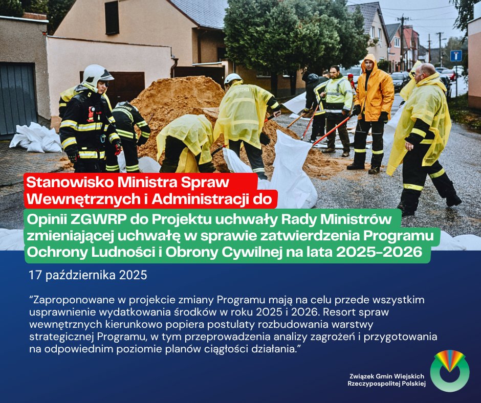 <a href="/ZGWRP/">Związek Gmin Wiejskich Rzeczypospolitej Polskiej</a> przygotował opinię do Projektu uchwały Rady Ministrów zmieniającej  uchwałę w sprawie zatwierdzenia Programu Ochrony Ludności i Obrony  Cywilnej na lata 2025-2026.
Odpowiedź MSWiA na opinię <a href="/ZGWRP/">Związek Gmin Wiejskich Rzeczypospolitej Polskiej</a> dostępna na: zgwrp.pl/zwiazek-opiniu…