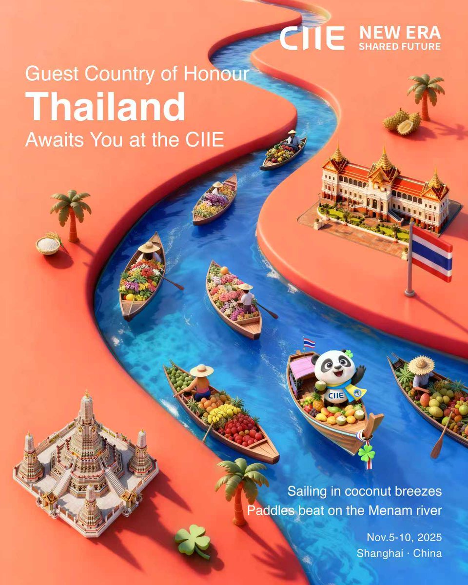 ciieonline's tweet photo. Land of Smiles, "Thai"-riffic Wonders!
Welcome #Thailand as a Guest Country of Honour at the #CIIE2025!
#CIIEWelcomesTheWorld #HelloCIIE #ConnectGlobal https://t.co/Bws8QSSf7d