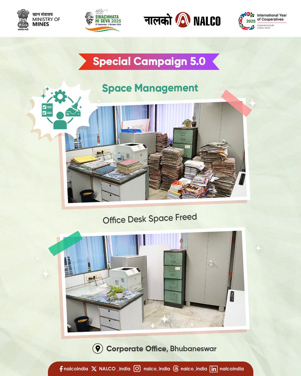 NALCO_India's tweet photo. Transforming spaces, empowering change! Under #SpecialCampaign5_0, we’re driving #Cleanliness, #Efficiency & #Sustainability - from creating clutter-free workstations to turning junk heaps into walking trails. Every #initiative count towards a #Productive & #Responsible workplace.

@kishanreddybjp  @satishdubeyy @MinesMinIndia @mygovindia @DARPG_GoI @DPE_GoI  

#Swachhotsav #MinesParivaar #CleanIndia #SanitationAwareness