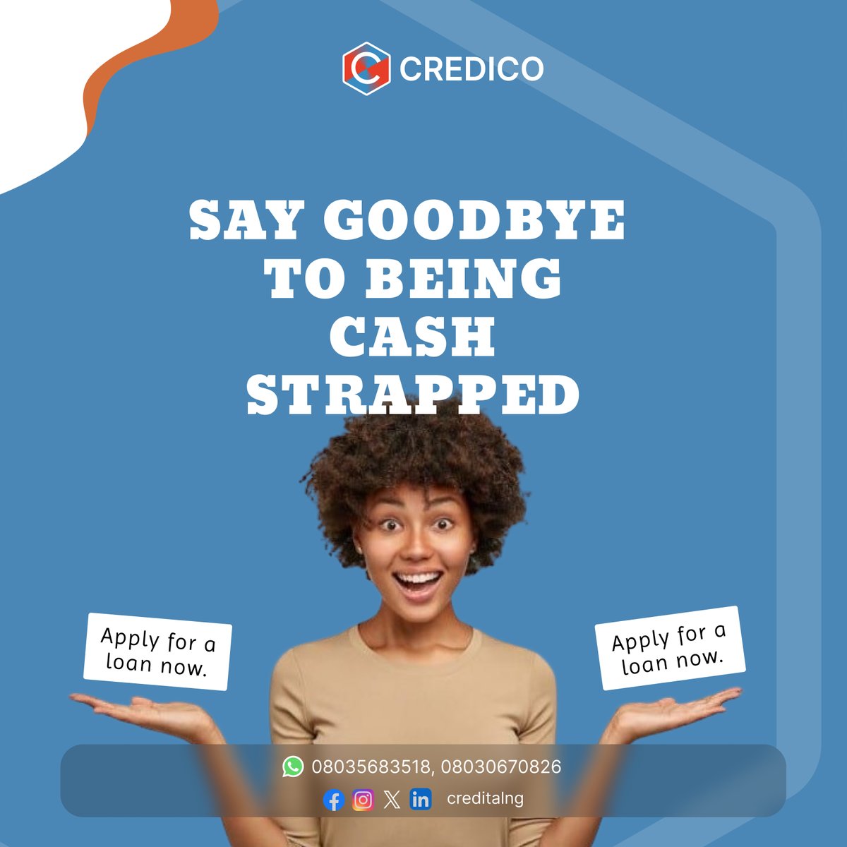 Credicosolution's tweet image. Say goodbye to financial stress and hello to freedom,
Life doesn’t wait and neither should you.
Take that next opportunity, start the business,
Apply for CREDICO business loans today.
Call/WhatsApp 08035683518, 08030670826 or send a mail to contact@creditalng.com.
#CREDICO