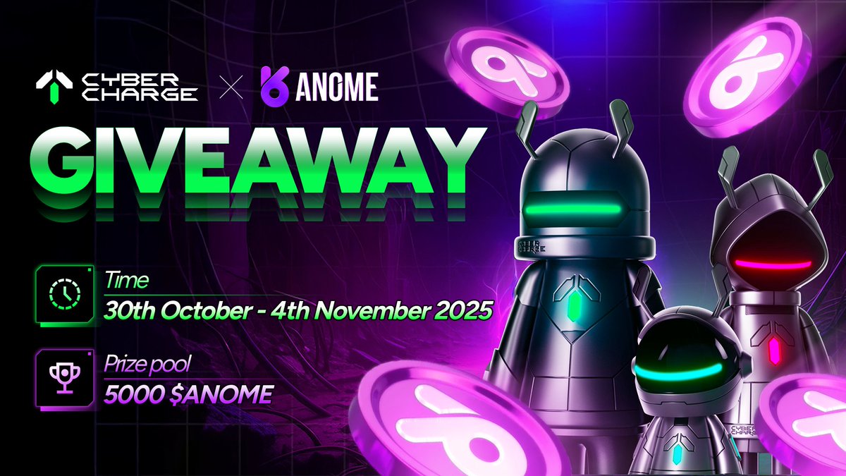 CyberChargeWeb3's tweet image. CYBERCHARGE X ANOME GIVEAWAY — CHARGE THE FUTURE, PLAY FOR VALUE

Charge the future, play for value and win your share of 5000 $ANOME in the CyberCharge x Anome Giveaway!

🏆 PRIZE POOL: 5000 $ANOME

👥 100 winners

📅 Timeline: 30th October - 4th November 2025

💡 HOW TO JOIN:…