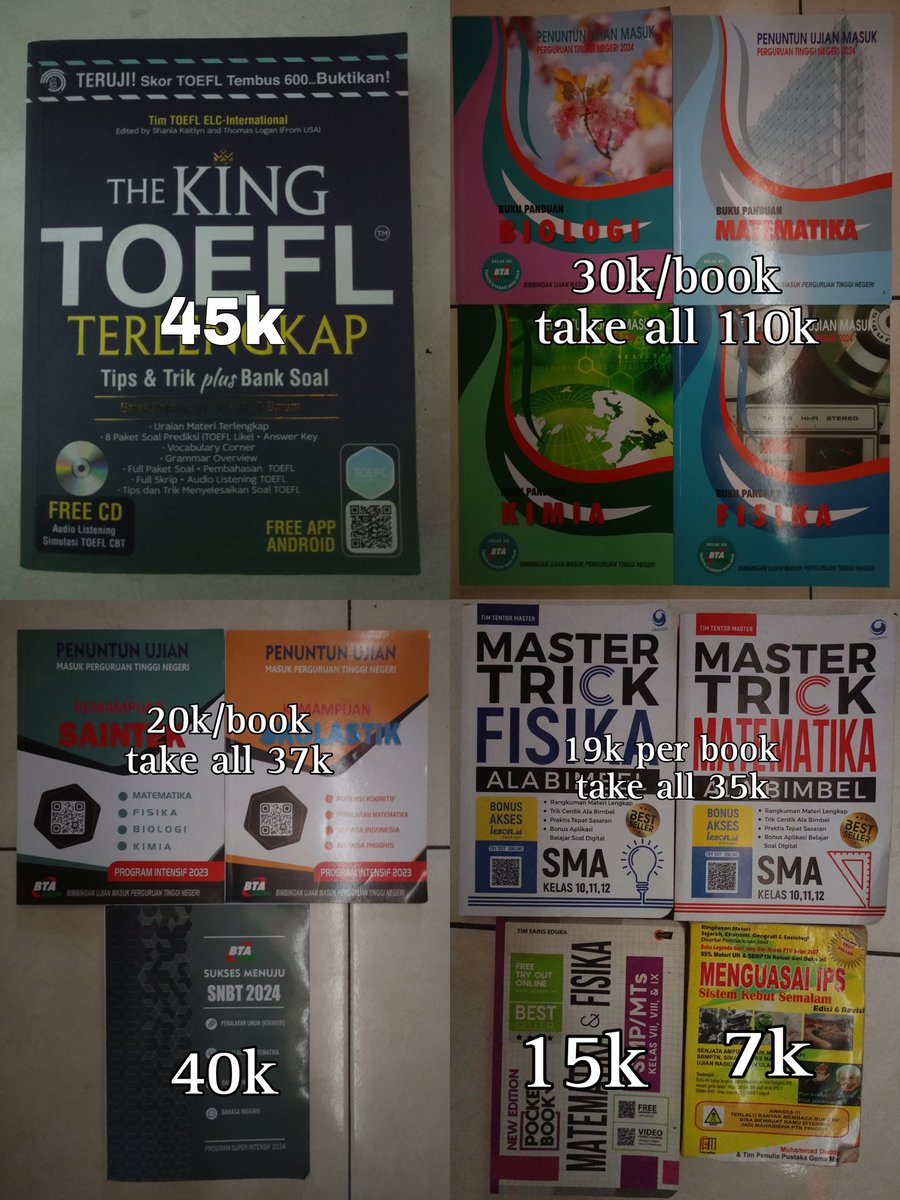 theldeorado's tweet photo. want to sell preloved buku novel terjemahan indo buku saku latihan soal utbk snbg osn ksn matematika fisika kimia biologi geografi wangsit persiapan toefl
https://t.co/UrUbapa7zG