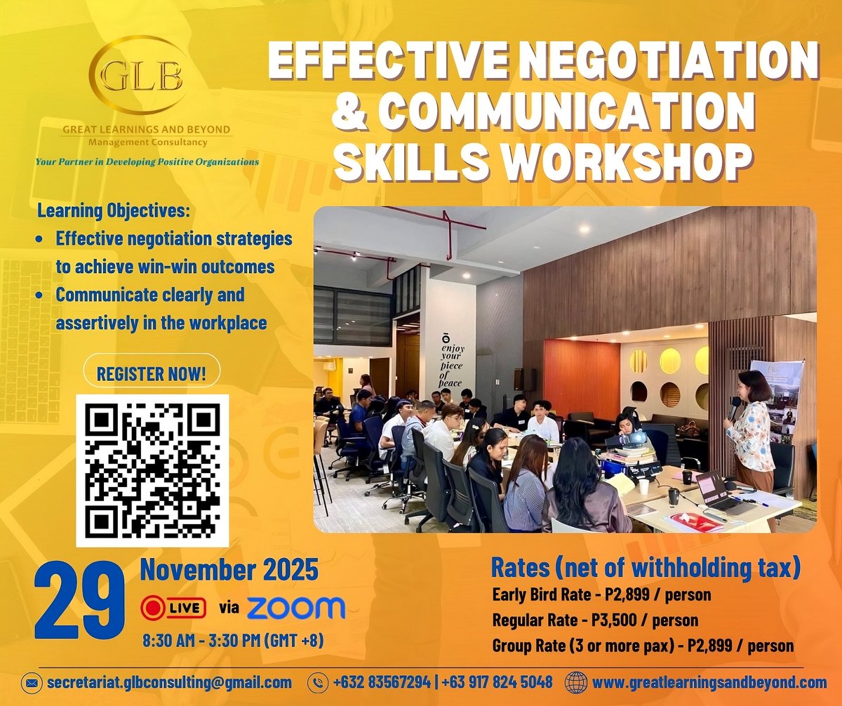 Training_GLB's tweet photo. Join GLB Management Consultancy’s 𝙀𝙛𝙛𝙚𝙘𝙩𝙞𝙫𝙚 𝙉𝙚𝙜𝙤𝙩𝙞𝙖𝙩𝙞𝙤𝙣 𝙖𝙣𝙙 𝘾𝙤𝙢𝙢𝙪𝙣𝙞𝙘𝙖𝙩𝙞𝙤𝙣 𝙎𝙠𝙞𝙡𝙡𝙨 𝙒𝙤𝙧𝙠𝙨𝙝𝙤𝙥 and gain proven strategies you can apply in any setting— whether at work, in business, or in daily life. https://t.co/WEdOLthHtK
