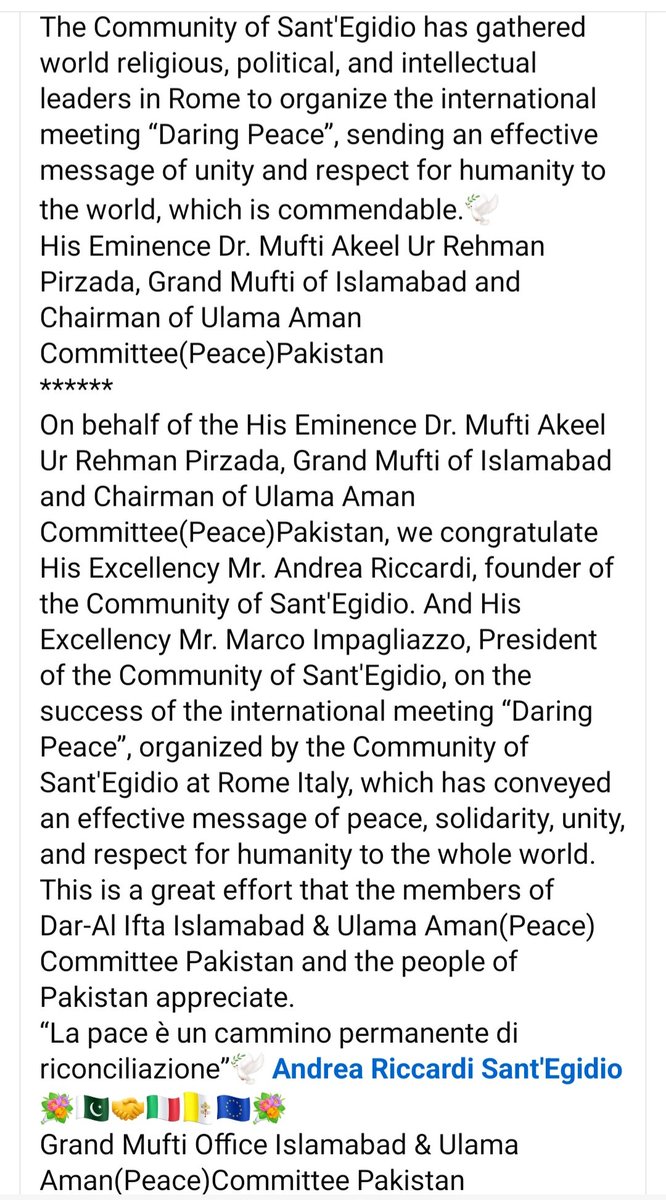DarAlIftaIsb's tweet image. His Eminence Dr. Mufti Akeel Pirzada, Grand Mufti of Islamabad &amp;amp; Chairman of @UACP_Official Congratulates H.E. Andrea Riccardi founder of Sant'Egidio &amp;amp; H.E @Marco_europa President of Sant'Egidio for organizing successful international meeting “Daring Peace”