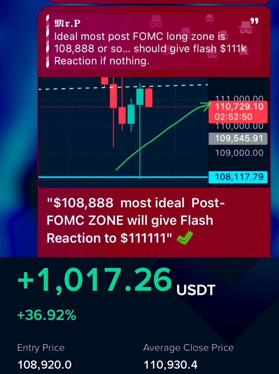 ProfitCircle_'s tweet photo. "$108,888  most ideal  Post-FOMC ZONE will give Flash Reaction to $111111" ✅

Mission New Weekly Highs this week or Early Next Week. Why? A secret insight.... Friday Options Expiry Max pain lies $112K - $114K. Logical to expect Price in vicinity and gravitate towards.

This is a LOADED Secret Update from Private Telegram Yesterday - Many spoke of CME, nobody Mentioned $108,888? Giving flash reaction putting dots together. Only Mr.P's audience deserves it. ThankYou for Playing 🫱🏼‍🫲🏻 

You can get this Secret Update free inside DM. Still many more things remain, I'm not releasing it publicly - don't want it to be mainstream.
