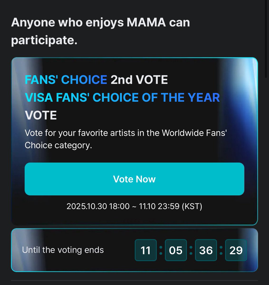 ตอนนี้ fans choice รอบ 2 เปิดให้โหวตแล้วนะค้าทุกคนสามารถเข้าไปโหวตให้น้องดรีมกันได้เลย เพียงแค่กดเข้า Mnet Plus 
เลือก 2025 MAMA AWARDS 
แล้วกดโหวตให้ NCT DREAM  ได้เลยนะคะโหวตง่ายมากเลย ๆ ดูasd แปบเดียวจบปึ้งโหวตให้น้องดรีมแบบสวย ๆ 
🐯🦊🐶🐻🐰🐬🐹 ❤︎ 

#โหวตนี้เพื่อน้องดรีม