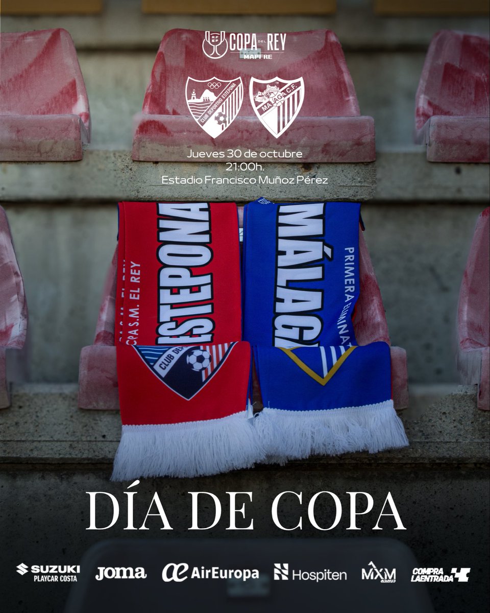 CDEstepona's tweet image. ❤️ No es un día cualquiera, es un 𝗗𝗜́𝗔 𝗗𝗘 𝗖𝗢𝗣𝗔

🆚 @MalagaCF 
⌚️ 21:00h
🏟️ Estadio Francisco Muñoz Pérez
🏆 Primera eliminatoria de la Copa S.M. El Rey
🎟️ Últimas entradas a la venta en …deportivoestepona.compralaentrada.com/eventos/17542/… 
📺 Canal Sur | Andalucía TV

#EsteponaMálaga 
#LaCopaMola