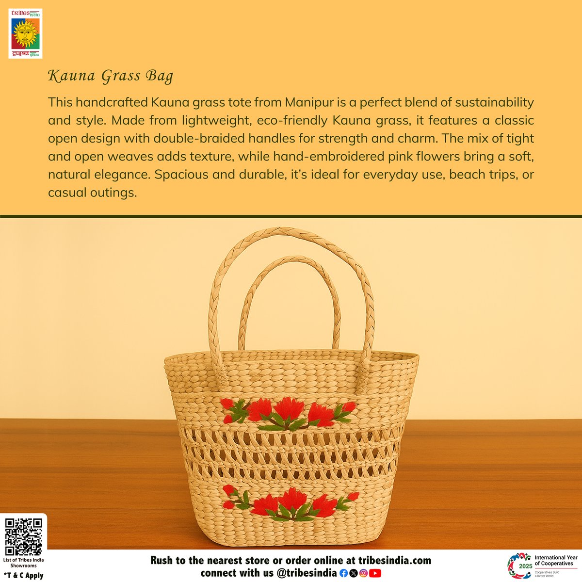 tribesindia's tweet photo. Style meets sustainability!
Handwoven Kauna Grass Tote from Manipur, eco-friendly, lightweight & durable with floral embroidery and braided handles. Perfect for daily use or sunny outings!
👉 Shop now: https://t.co/1LUUyByJWj
#Vocal4Local #BuyTribal #TribesIndia #KaunaCraft https://t.co/EdP9BhSfbQ