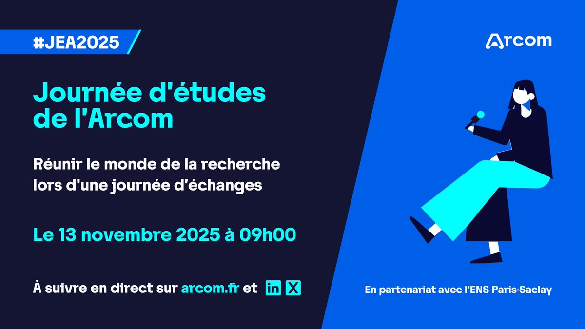 📣 #JEA2025 | J-14 avant la Journée d’études de l’Arcom !

En partenariat avec l’ENS Paris-Saclay, une vingtaine de chercheurs présenteront leurs travaux en lien avec les missions de l’Autorité.

Retrouvez le programme complet : arcom.fr/sites/default/…